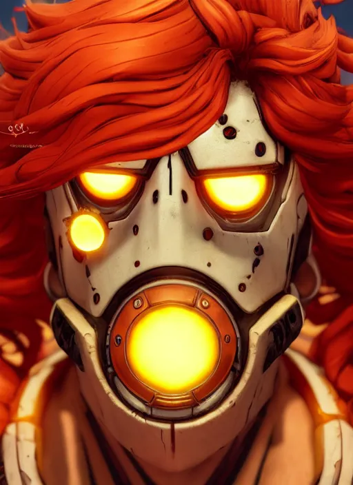 Image similar to glowwave portrait of curly orange hair man from borderlands 3, au naturel, hyper detailed, digital art, trending in artstation, cinematic lighting, studio quality, smooth render, unreal engine 5 rendered, octane rendered, art style by klimt and nixeu and ian sprigger and wlop and krenz cushart.