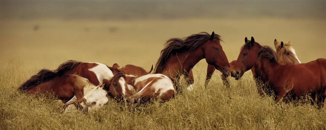 Image similar to wild horses sleeping on top of spaghetti, in a field, in the style of national geographic, canon 5 0 mm, film, kodachrome, retro, muted