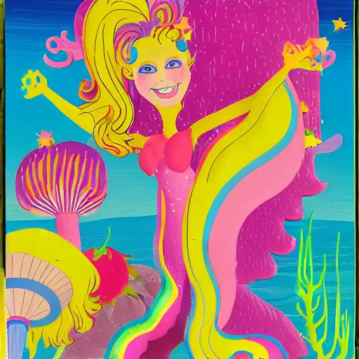 Prompt: kenner sea wees mermaids, glamour gals, mattel strawberry shortcake, dr snuggles cartoon, mushroom fantasy land, pastel rainbows, peter max yellow submarine style. professional poster. award winning.