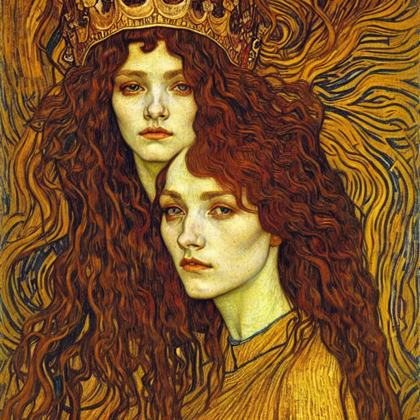 Image similar to detailed realistic beautiful young medieval queen face portrait by jean delville, gustav klimt and vincent van gogh, art nouveau, symbolist, visionary, gothic, pre - raphaelite, muted earthy colors, desaturated