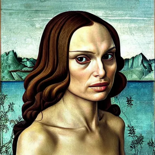 Image similar to natalie portman as gollum, elegant portrait by sandro botticelli, detailed, symmetrical, intricate