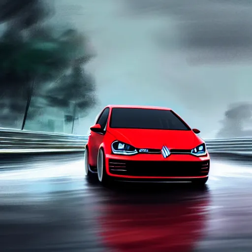 Image similar to vw golf gti speeding down a rain - soaked highway highly detailed, digital painting, concept art, sharp focus, by makoto shinkai