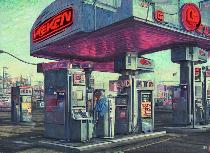 Image similar to people exterior gas station, cyberpunk neon ads, in the style of jeremy enecio, intricate, miles johnston, monet, cynical realism, john william godward, painterly, yoshitaka amano, miles johnston, louise zhang, pekka halonen, finnish naturalism, realism