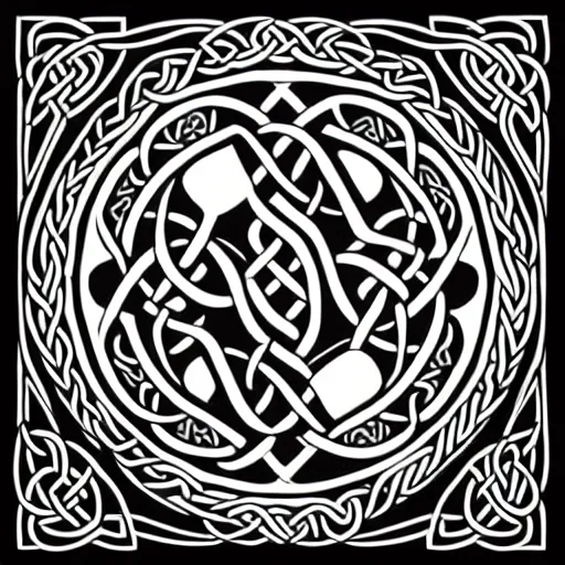 Image similar to a circular vector tattoo design. art nouveau, celtic knots, with a japanese influence, curvilinear, recursive.