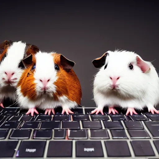 Prompt: photo of cute guinea pigs standing on a computer keyboard, stock art, trending on artstation, detailed, studio lighting