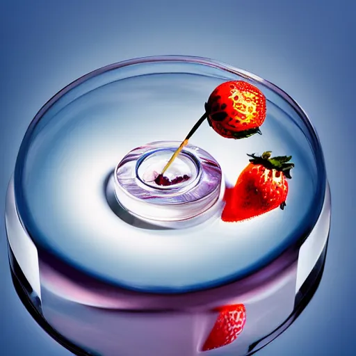 Image similar to centered clear clean perfume sitting in clear, rippling rose - water with floating strawberries on a bright sunny day, blue cloudy skies, crisp, surreal photography, illumination lighting, sharp focus, vogue