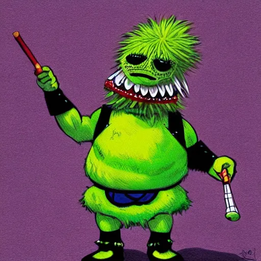 Image similar to a tennis ball monster wearing a scottish kilt, big mustache, scotland, bagpipes, digital art, fantasy, magic, chalk, trending on artstation, ultra detailed, professional illustration by basil gogos