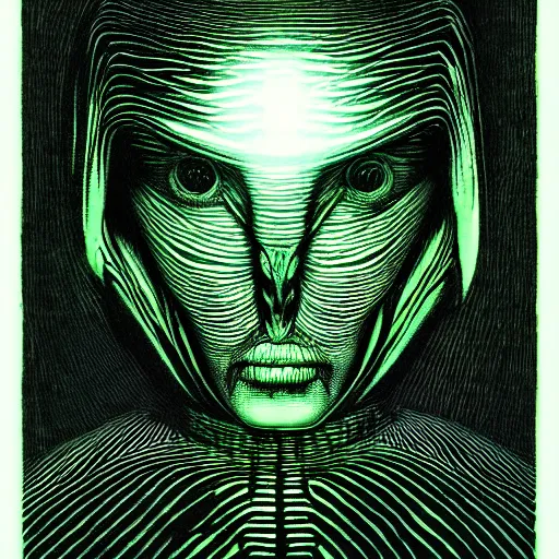 Image similar to portrait top light, by killian eng and joe fenton and h r giger, inspired by alien movie 1 9 7 9, green duotone print, etching, fine, sharp high detail,