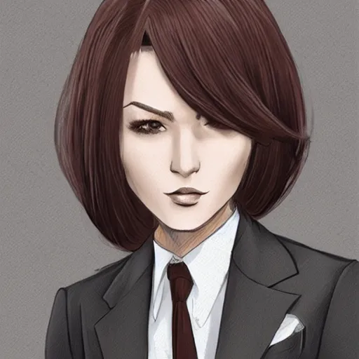 Image similar to woman in grey business suit, brown neat hair, pixiv, fanbox, trending on artstation, portrait, modern, sleek, highly detailed, formal, serious, determined, competent, colorized, smooth, charming, pretty, safe for work