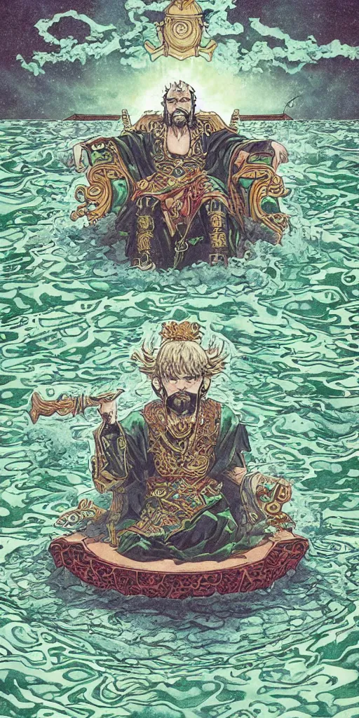 Image similar to a lone emperor sitting on a emerald throne floating on water in the middle of a lake drawn by Makoto Yukimura in the style of Vinland saga anime, full color, detailed, psychedelic, Authority, structure, a father figure, tarot card, The emperor tarot card