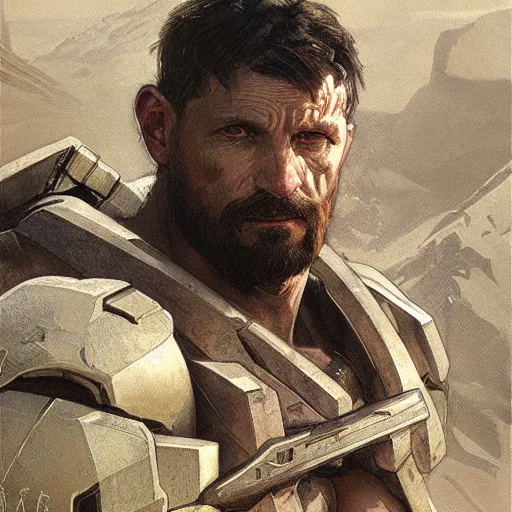 Prompt: portrait of rugged spartan, halo, muscular, d & d, concept art, art by greg rutkowski and alphonse mucha