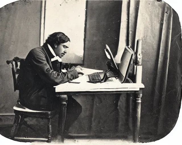 Image similar to an early 1800s photo of someone sitting at a computer looking for good textures to use