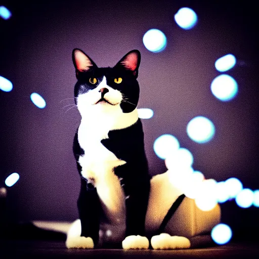 Image similar to A tuxedo housecat with playing with a swarm of glowing nanobots. iphone photograph 35mm. studio lighting. trending on instagram.