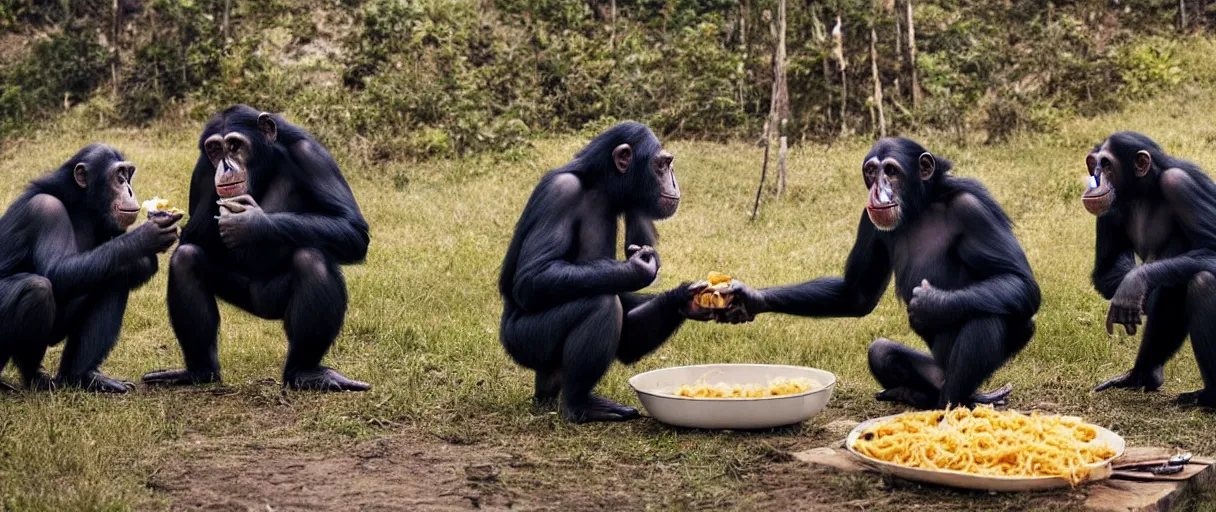 Image similar to Atmospheric still from BIG MONKEY MOUNTAIN (2022) depicting the chimpanzees meeting with the Macaroni and Cheese King