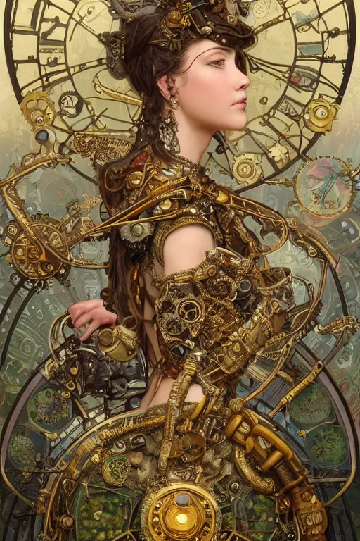 Image similar to beautiful portrait of a steampunk warrior girl wearing a detailed armour of jewels and gold bugs and fantasy beetles , huge mechanical clocks, surrounded by art nouveau mushrooms and vegetation , intricate details, realistic shaded , steampunk, highly detailed, artstation, pretty face, illustration by alphonse mucha and Greg Rutkowski and Ruan Jia, art nouveau, octane render