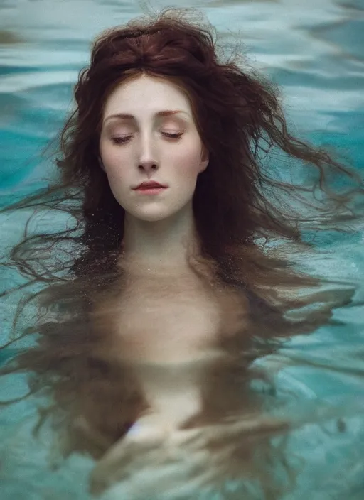 Image similar to Kodak Portra 400, 8K,ARTSTATION, Caroline Gariba, soft light, volumetric lighting, highly detailed, britt marling style 3/4 , extreme Close-up portrait photography of a beautiful woman how pre-Raphaelites with her eyes closed,inspired by Ophelia paint, the face emerges from water of Pamukkale, underwater face, hair are intricate with highly detailed realistic beautiful flowers , Realistic, Refined, Highly Detailed, interstellar outdoor soft pastel lighting colors scheme, outdoor fine art photography, Hyper realistic, photo realistic