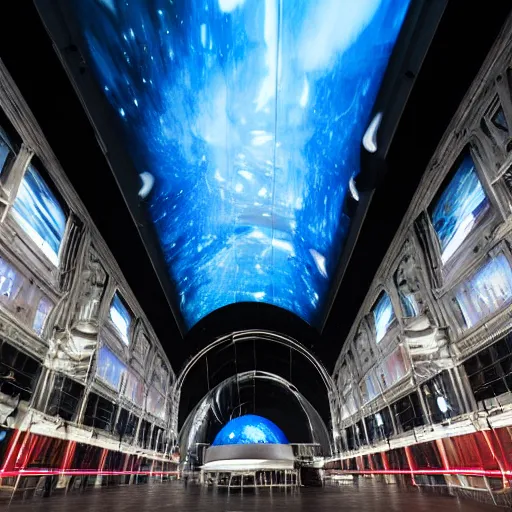 Image similar to high quality professional canon wide - angle lens photo of large scale immersive public art installation by refik anadol inside printworks london venue width large led screen on ceiling, mirror on floor and big sphere for video projection on center.. installation about deep nebula space and proto planet. planet visually reacts people with color fluid wave on the surface.