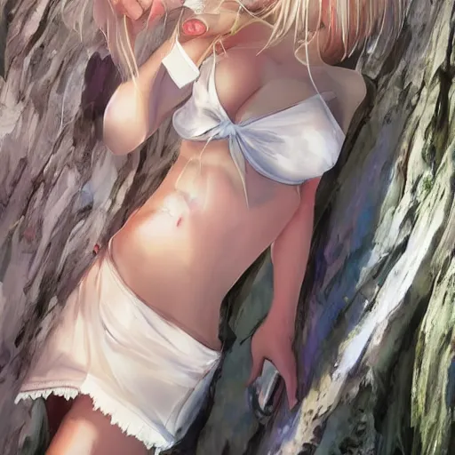 Image similar to tiny father a tall daughter picture : a very beautiful young blond anime girl, sky blue eyes, bikini, white miniskirt, highly detailed, cinematic wallpaper by stanley artgerm lau