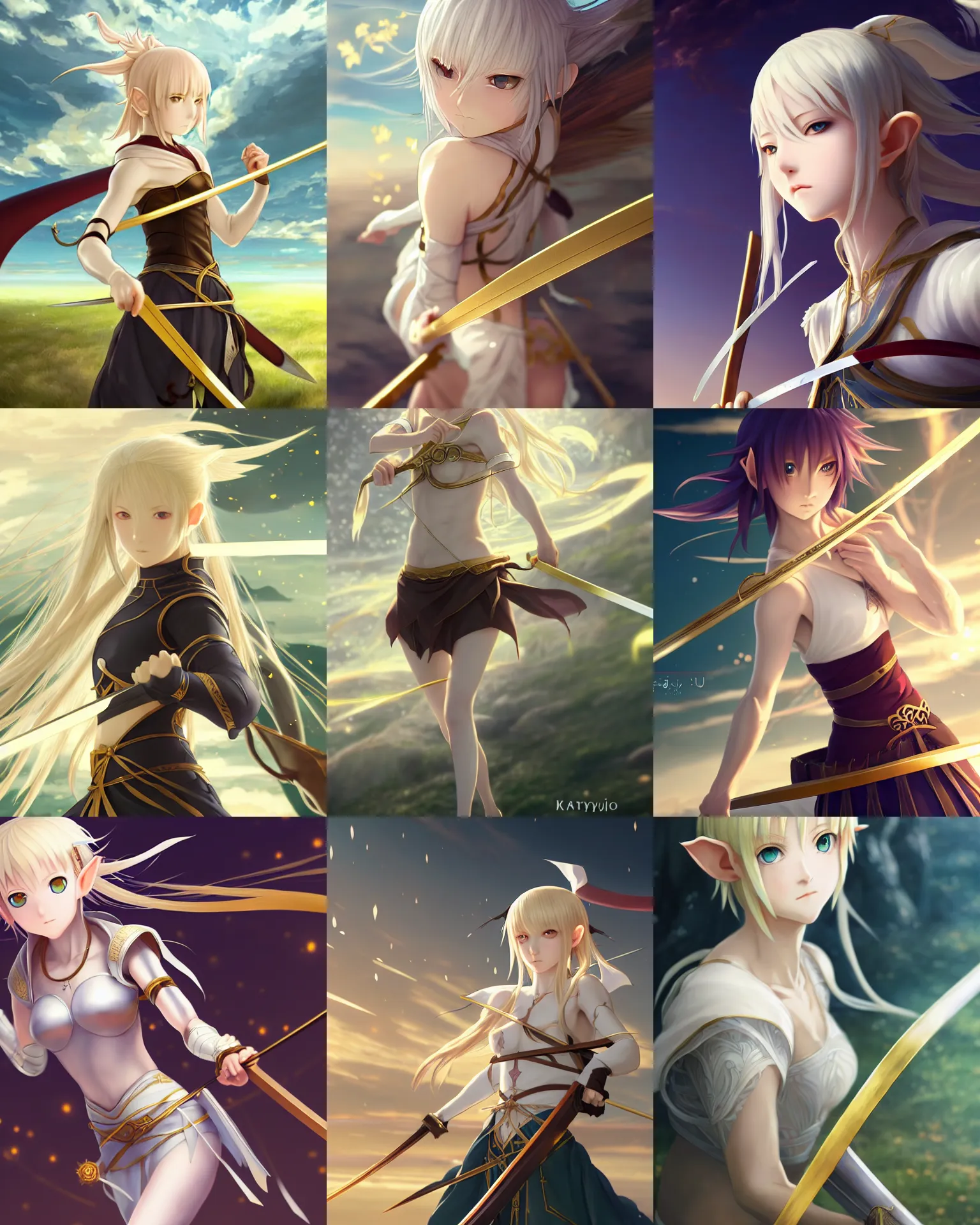 Prompt: renaissance art elf girl with white skin, katana in hand, golden hair blowing the wind, trending artistic art, soft anime, dynamic photography, fate zero, realistic face, extremely high detailed, bokeh color background, studio ghibly makoto shinkai yuji yamaguchi, wlop