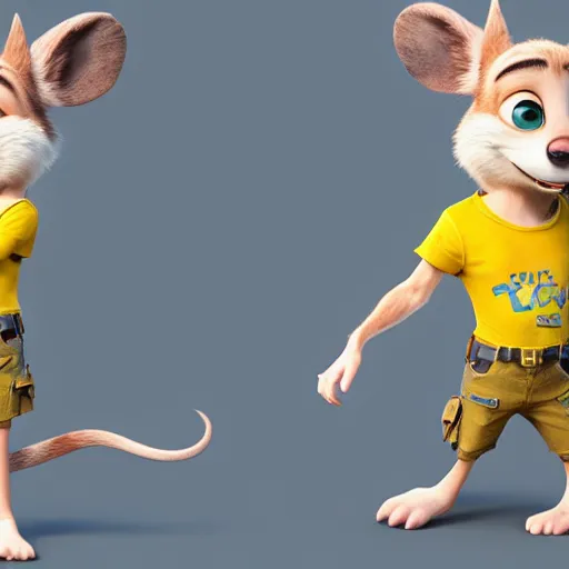 Prompt: 3 d render, portrait, mid shot, anthropomorphic mouse, female, blond fur, blue eyes, wearing denim short shorts, wearing a off yellow tank top shirt, solo, in the style of zootopia