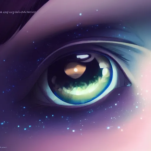 Prompt: a beautiful girl's eyes, stars are hidden in the eyes, 8 k, stunning, dream, highly detailed, super macro, surrealist, close - up view, makoto shinkai