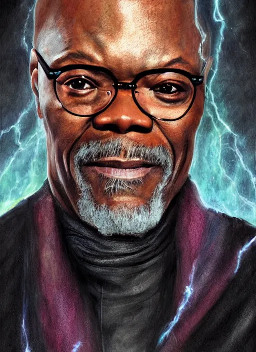 Image similar to Dramatic portrait photo of Samuel L Jackson as Harry Potter, wizard, cracked castle in background, dramatic lighting, digital painting, concept art, smooth, sharp focus, art by artgerm