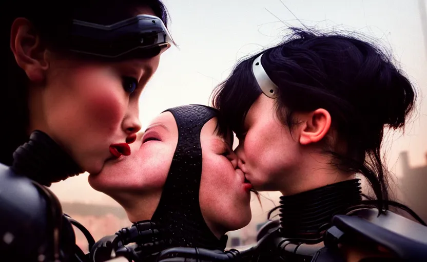 Image similar to cinestill 5 0 d photographic portrait by helen levitt of a kiss between two diverse loving female cyborgs wearing black techwear in a retrofuturist garden, extreme closeup, modern cyberpunk, dust storm, 8 k, hd, high resolution, 3 5 mm, f / 3 2, ultra realistic faces, intricate detail, ex machina