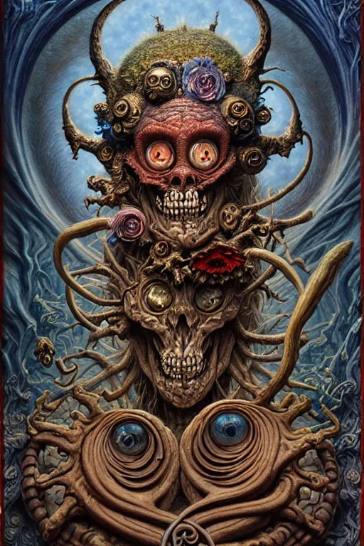 Image similar to A beautiful detailed grotesque monster super cute tarot card, by tomasz alen kopera and Justin Gerard, symmetrical features, ominous, magical realism, texture, intricate, ornate, royally decorated, mechanic, skeleton, whirling smoke, embers, red adornements, blue torn fabric, radiant colors, fantasy, trending on artstation, volumetric lighting, micro details, 3d sculpture, ray tracing, 8k, anaglyph effect, digital art