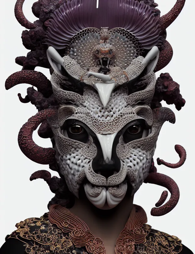 Image similar to 3 d goddess of hell close - up profile portrait with ram skull. beautiful intricately detailed japanese crow kitsune mask and clasical japanese kimono. betta fish, jellyfish phoenix, bio luminescent, plasma, ice, water, wind, creature, artwork by tooth wu and wlop and beeple and greg rutkowski