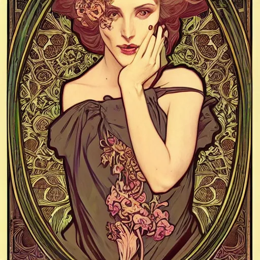 Image similar to an art nouveau illustration in the style of mort kunstler, and in the style of charlie bowater, and in the style of alphonse mucha. floral patterns. symmetry, smooth, sharp focus, semi - realism, intricate detail.