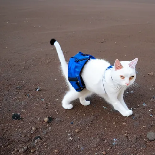 Image similar to cat wearing a spacesuit while walking on martian soil