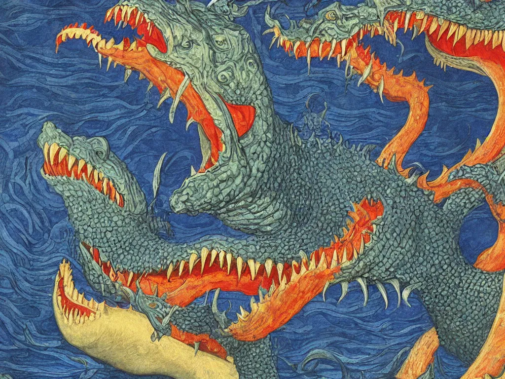 Image similar to close up of the giant open mouth of leviathan devil demon, with row of teeth, flames, snakes, people inside. painting by limbourg brothers, walton ford