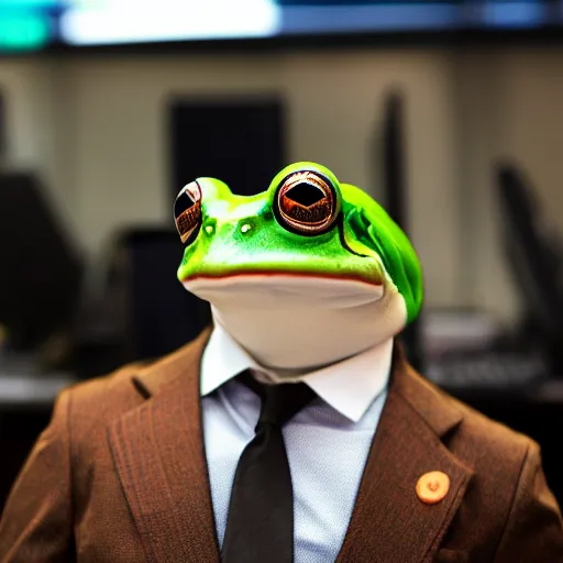 Image similar to picture of a frog in a suit at the office, he is behind a computer, 4K
