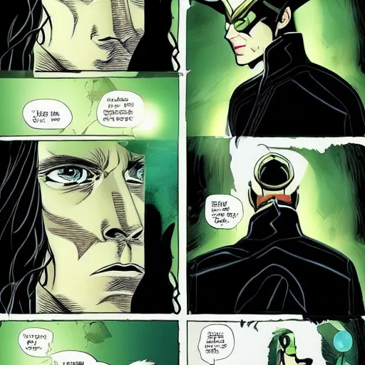 Image similar to The artwork for a graphic novel, Loki, the god of mischief, in a variety of emotional states. Lee Garbett, 2015. illustration, wonderfully detailed, each expression on face is well captured.