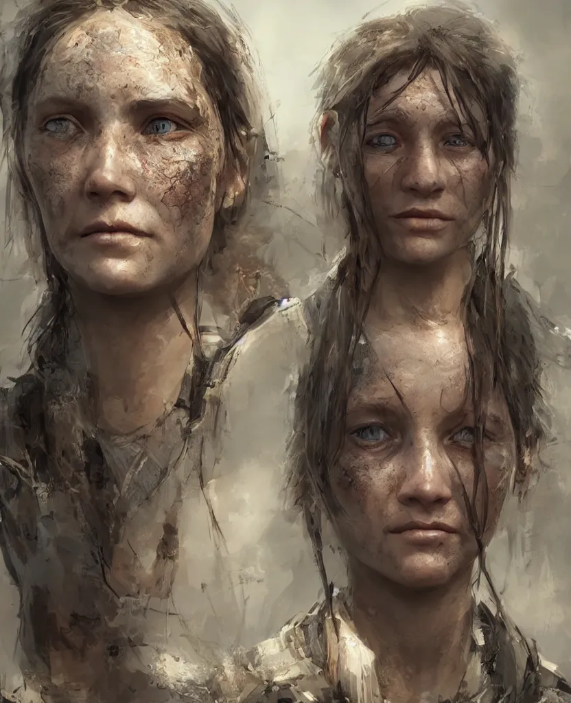 Image similar to ultra - realistic!! lifelike!! high details!! face!! portrait!! of a survivalist woman in a post apocalyptic city, gorgeous cinematic digital concept art trending on artstation by senior concept artist