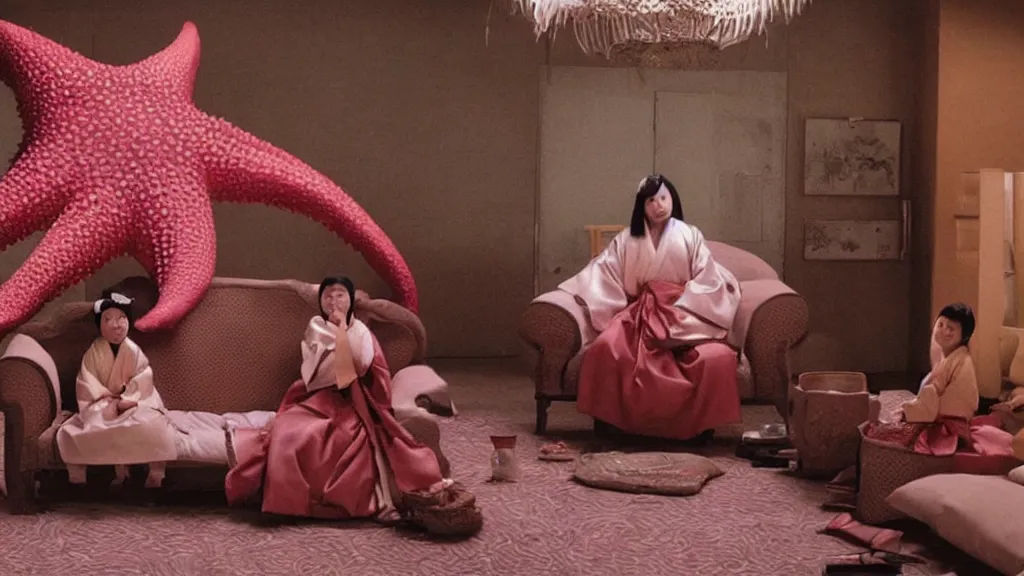 Image similar to shadow of a giant starfish - monster behind a woman in hanbok sitting on a couch, traditional korean interior, kaiju - eiga monster movie by denis villeneuve, cinematography by akira kurosawa and ishiro honda