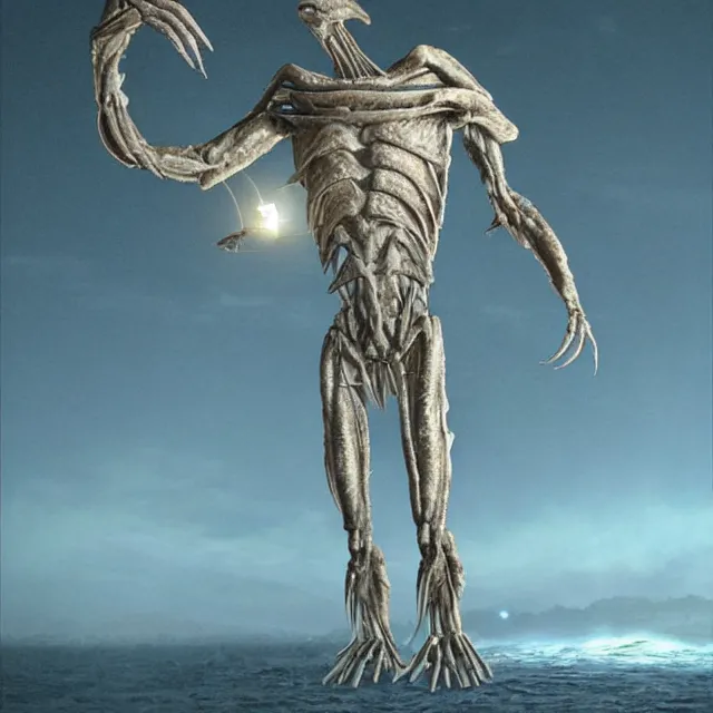 Image similar to a semi-humanoid alien creature that is 20 ft tall, the creature is able to control electricity, and has a shell-like structure around it's body, similar to crabs