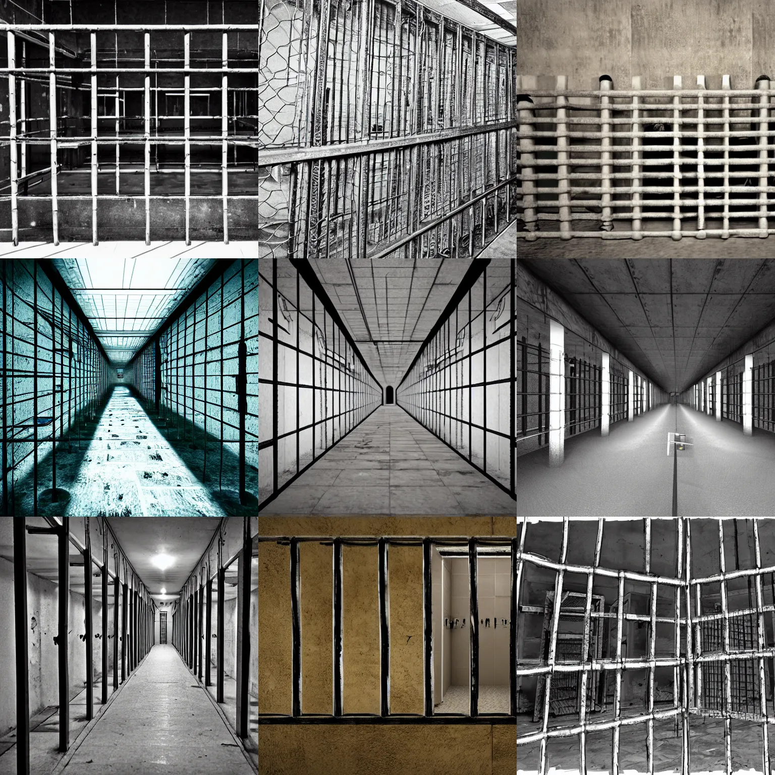 Prompt: prisoners inside the cell holding bars, wide angle, realism