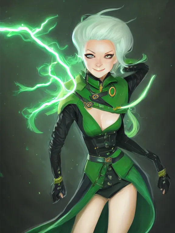 Prompt: full body portrait of a female wizard in a classroom, skintight black bodysuit, short pants, blue robes, green hair, attractive, green eyes, white face, cute smile, lightning, very detailed face, highly detailed, dnd, high fantasy, digital illustration, by rossdraws