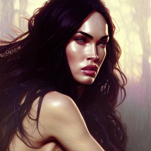 Image similar to Megan Fox , highly detailed, digital painting, artstation, concept art, sharp focus, illustration, art by greg rutkowski and alphonse mucha