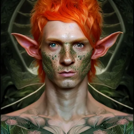 Image similar to portrait painting of an elven eladrin young man with short light orange hair and freckles and tree tattoos on his cheekbones, ultra realistic, concept art, intricate details, eerie, highly detailed, photorealistic, octane render, 8 k, unreal engine. art by artgerm and greg rutkowski and charlie bowater and magali villeneuve and alphonse mucha