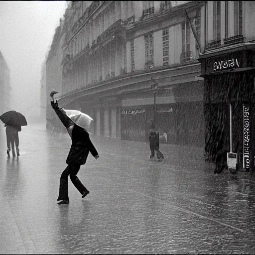 Image similar to the man leaping with an umbrella in a raining paris street, by henri cartier bresson,