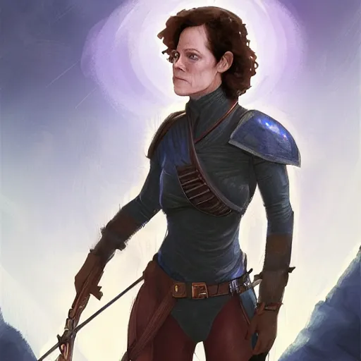 Image similar to young sigourney weaver as a d & d ranger, character portrait by wlop