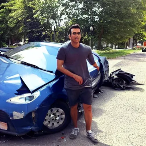 Image similar to xavi hernandez next to a crashed car