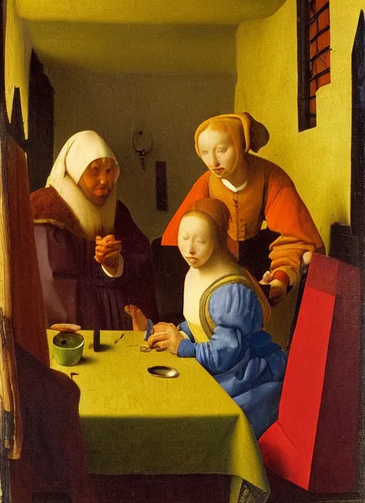 Image similar to evening, young man at the table with young pretty blonde girl at the crowded tavern in the evening. medieval painting by jan van eyck, johannes vermeer