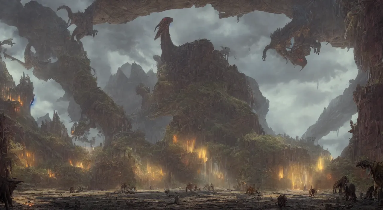 Image similar to technicolor dinosaurs, glowing with magic, surrounded by slate grey walls, matte painting, fantasy art, concept art, greg rutkowski, james gurney, johannes voss, hasui kawase.