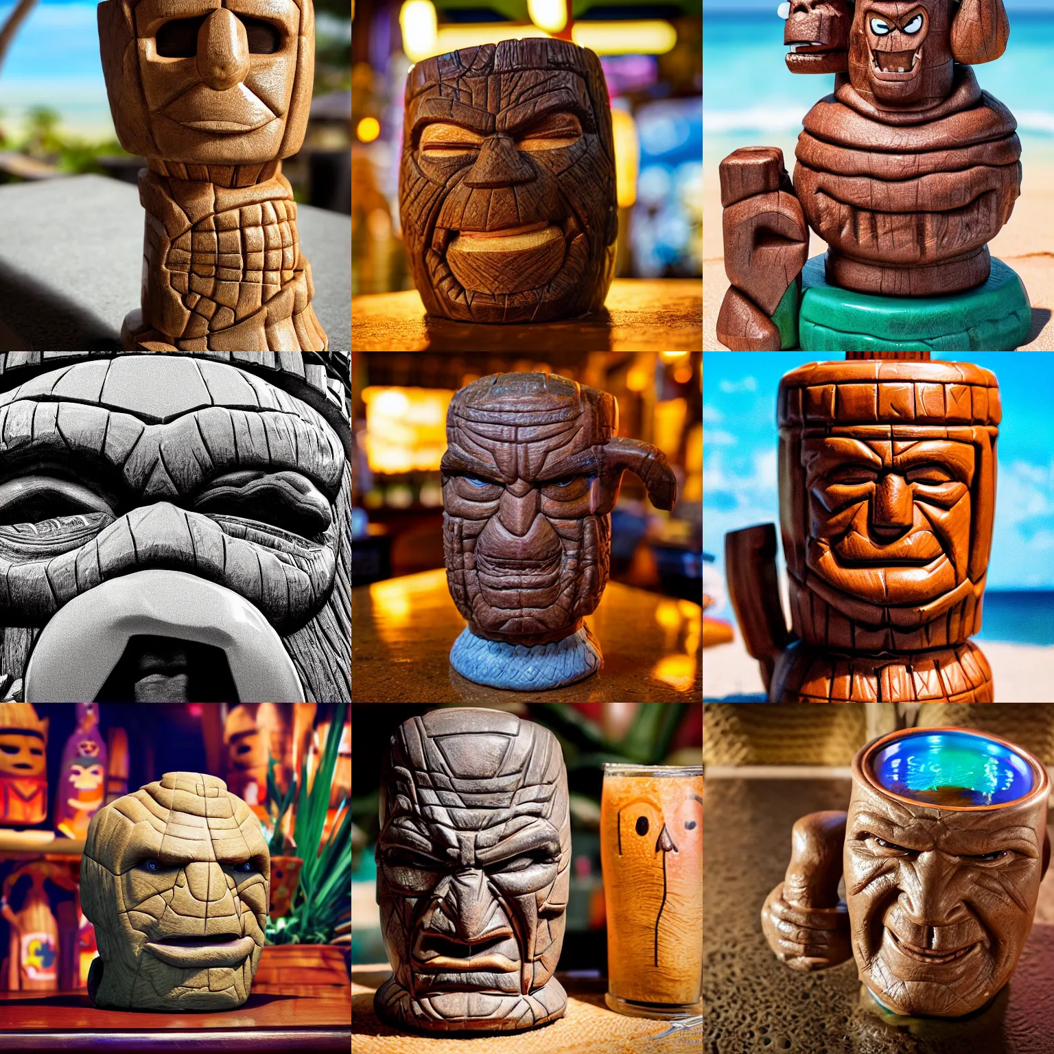 Image similar to a closeup photorealistic photograph of ben grimm's face on a tiki mug at a trader vic's beach bar. fantastic four. tiki culture. bright scene. fine detail. this 4 k hd image is trending on artstation, featured on behance, well - rendered, extra crisp, features intricate detail, epic composition and the style of unreal engine.