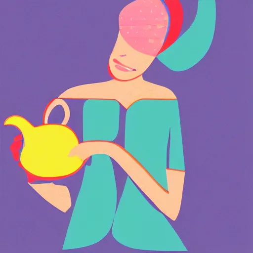 Image similar to beautiful lady, drinking tea, fruit basket, painting, clean shapes, print, litography, pastel colors, ink lines, markus gunnar, konstfack