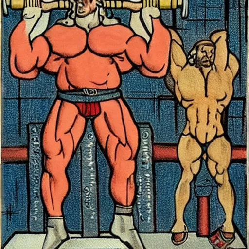 Image similar to santa lifting weights, squats, gothic triptych