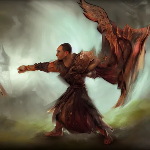 Image similar to winged monk, chaos, unarmed combat, art station, fantasy art, concept painting